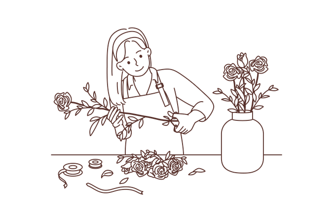 Jovem cortando rosa e colocando em vaso de flores  Ilustração