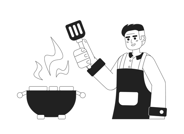 Jovem cozinhando na churrasqueira  Ilustração