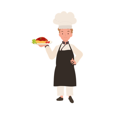 Jovem cozinheiro com chapéu de chef prepara espaguete delicioso  Ilustração