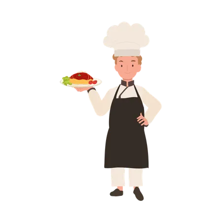 Jovem cozinheiro com chapéu de chef prepara espaguete delicioso  Ilustração