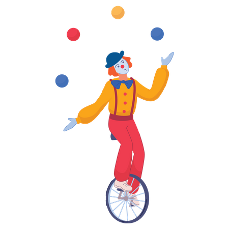 Jovem curinga andando de bicicleta em uma roda com bola de malabarismo  Ilustração