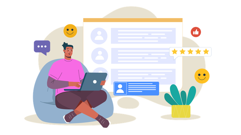 Jovem dando feedback de cliente on-line  Ilustração