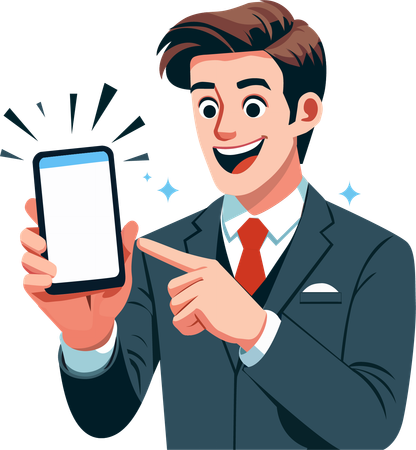 Jovem de terno aponta animadamente para seu smartphone  Ilustração