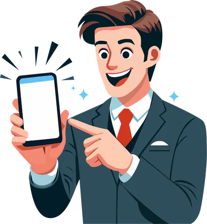 Jovem de terno aponta animadamente para seu smartphone  Ilustração