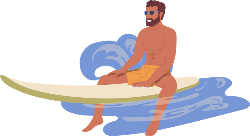 Jovem relaxado sentado na prancha de surf  Ilustração