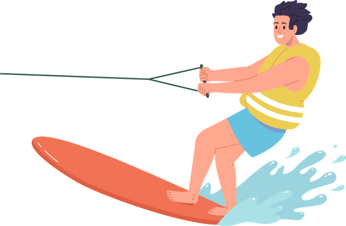 Jovem, desfrutando de esqui aquático no mar  Ilustração