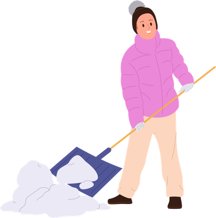 Jovem desfrutando de trabalho sazonal no quintal limpando neve com pá  Ilustração
