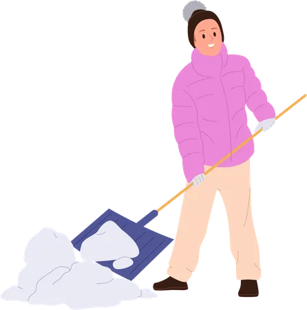 Jovem desfrutando de trabalho sazonal no quintal limpando neve com pá  Ilustração