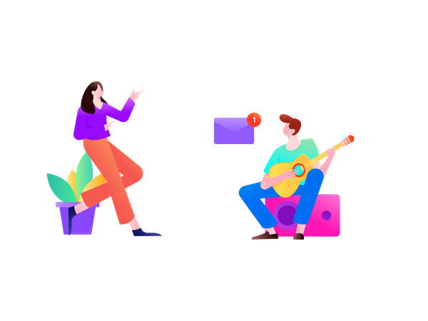 Jovem e guitarrista procurando correspondência não lida  Ilustração