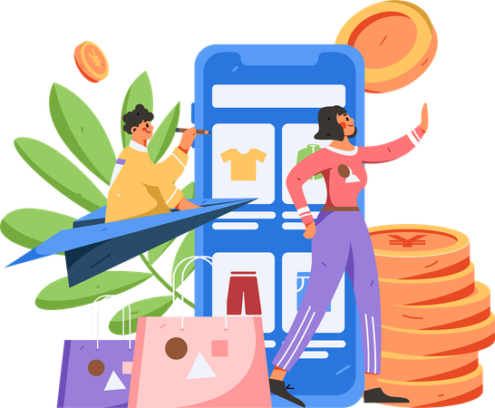 Jovem e homem fazendo compras móveis  Ilustração