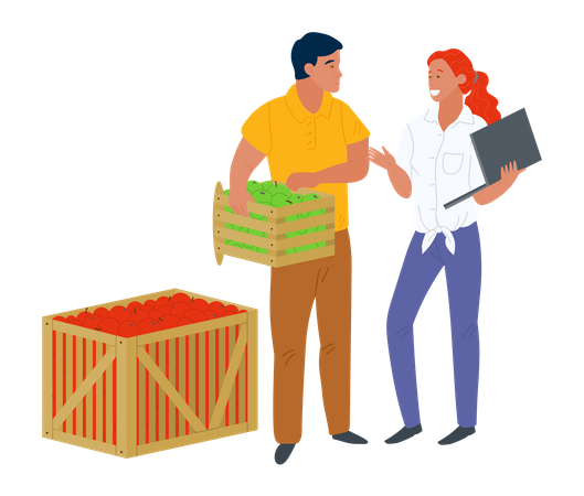 Jovem e mulher gerenciando cesta de frutas  Ilustração