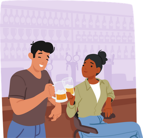 Jovem e mulher em bar tomando cerveja  Ilustração