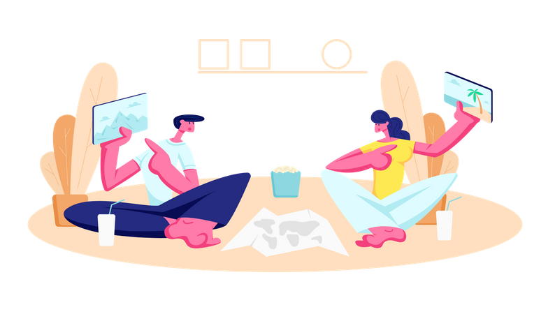 Jovem e mulher sentados no chão em casa  Ilustração