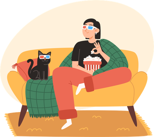 Jovem e seu gato estão sentados em um sofá aconchegante e assistindo a um filme  Ilustração