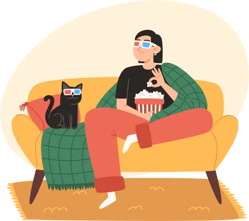 Jovem e seu gato estão sentados em um sofá aconchegante e assistindo a um filme  Ilustração