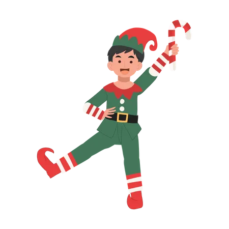 Menino jovem duende de natal com bastão de doces  Ilustração