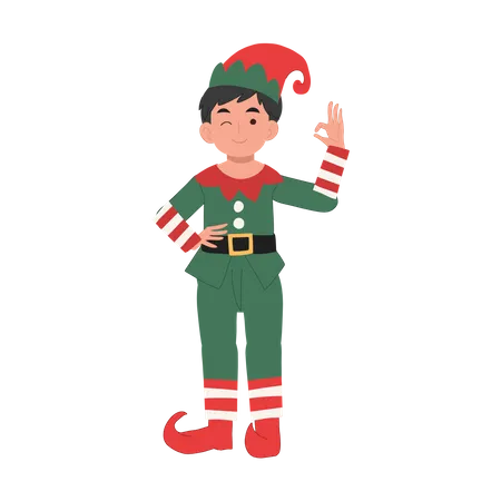 Menino jovem duende de natal com sinal de mão OK  Ilustração