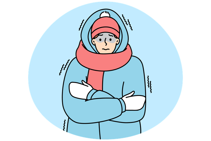 Jovem em agasalho sofre de frio  Ilustração