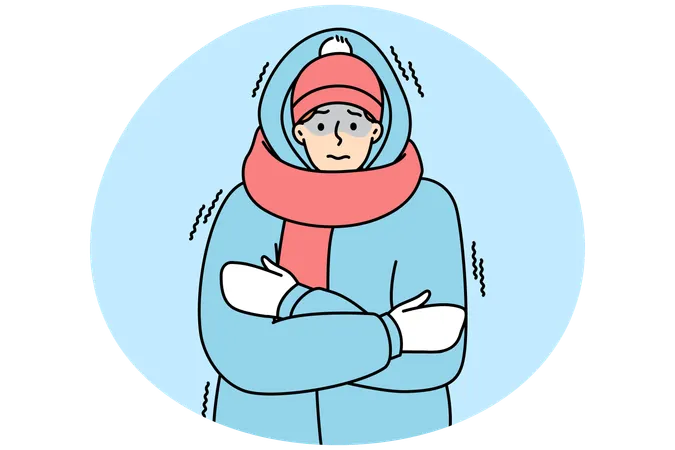 Jovem em agasalho sofre de frio  Ilustração