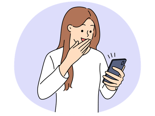 Jovem mulher animada olhando para a tela do celular se sente muito feliz com boas notícias online.  Ilustração