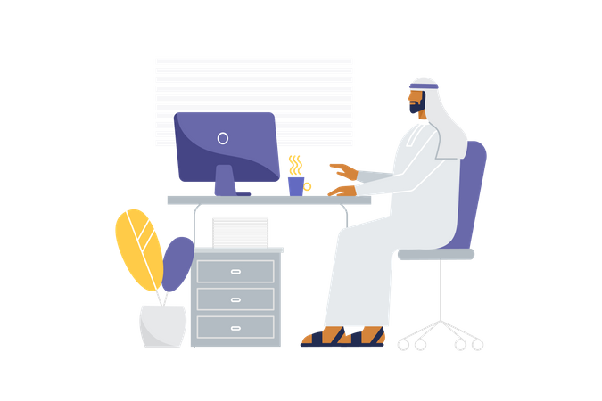 Homem árabe de negócios jovem trabalha no computador  Ilustração
