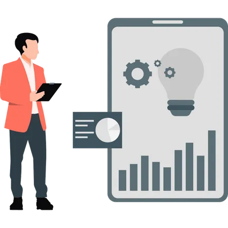 Jovem empresário configurando gráfico de negócios no celular  Ilustração