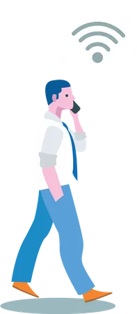 Homem de negócios jovem falando por telefone e wifi enquanto caminhava  Ilustração