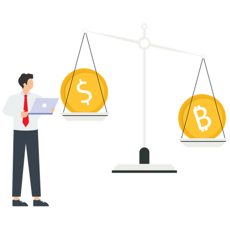 Portfólio de equilíbrio de investidor ou comerciante jovem empresário com moeda de dólar e Bitcoin  Ilustração