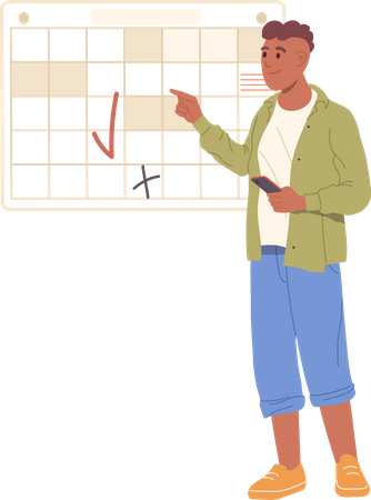 Jovem empresário usando calendário  Ilustração