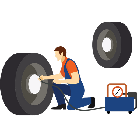 Menino enchendo pneu com ar  Ilustração
