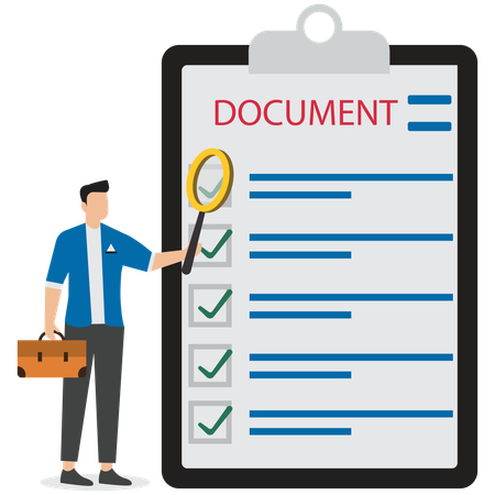 Jovem encontra documento de lista de verificação  Ilustração