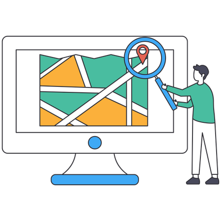 Jovem encontrando localização no computador  Ilustração