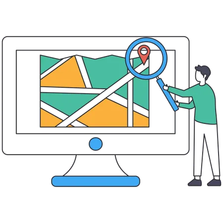 Jovem encontrando localização no computador  Ilustração