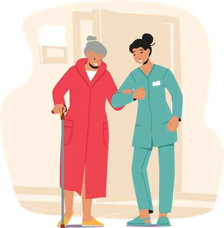Jovem enfermeira ajuda a idosa  Ilustração
