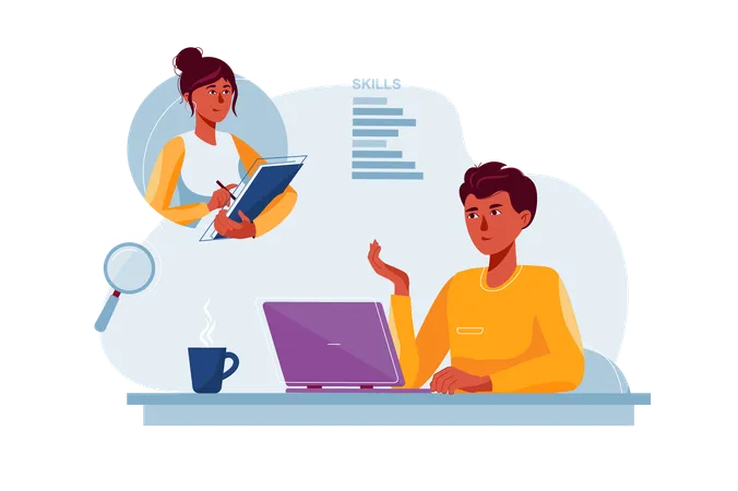 Jovem entrevistando para emprego on-line  Ilustração