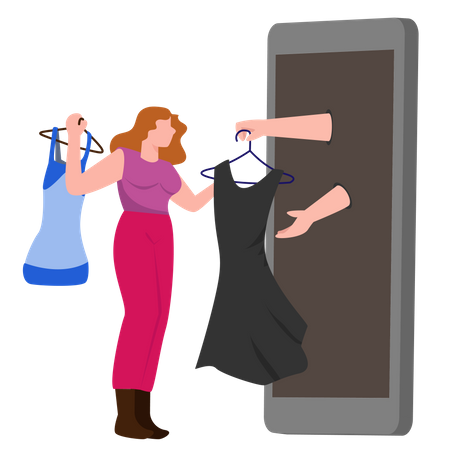 Jovem escolhendo um vestido em uma loja de um smartphone  Ilustração