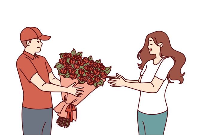 Jovem está propondo uma jovem com flores  Ilustração