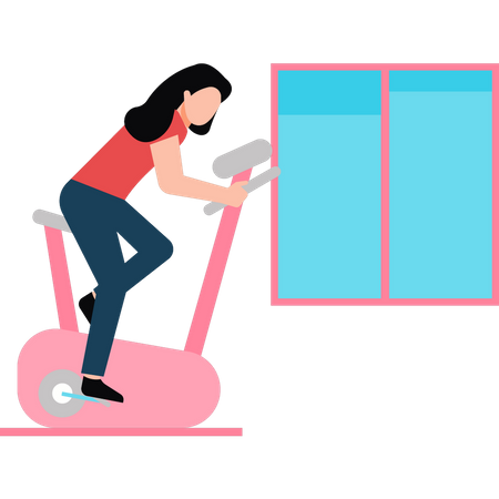 A moça está exercitando na máquina de ciclismo  Ilustração