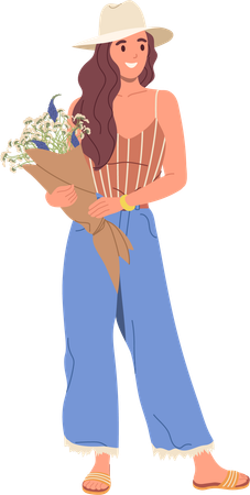 Jovem elegante segurando o buquê de flores da primavera  Ilustração
