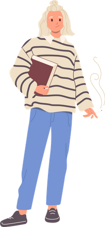 Jovem estudante em pé com livros na mão e fumando cigarro  Ilustração