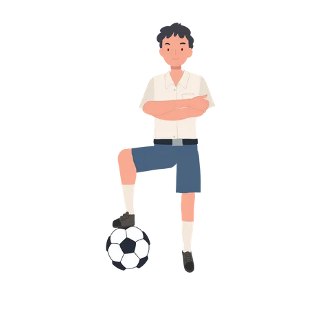 Jovem estudante tailandês com futebol  Ilustração