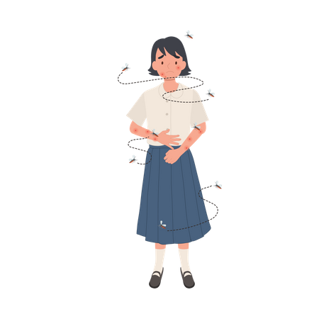 Jovem estudante tailandês com picadas de mosquito coçando a pele  Ilustração