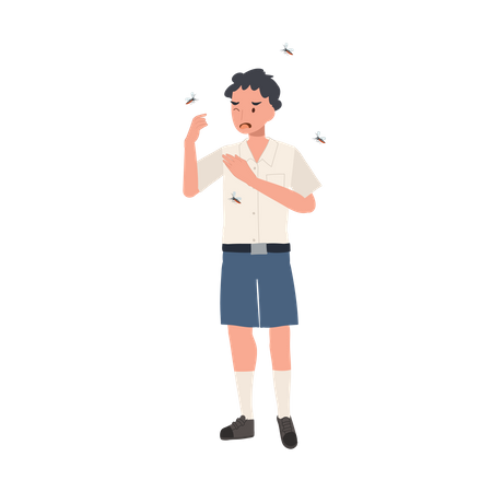 Jovem estudante tailandês de uniforme está ao ar livre e cercado por mosquitos, impedindo a propagação do vírus Zika  Ilustração