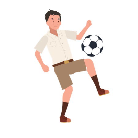 Jovem estudante tailandês jogando futebol  Ilustração