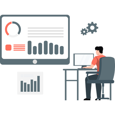 Jovem exibe infográfico em laptop  Ilustração