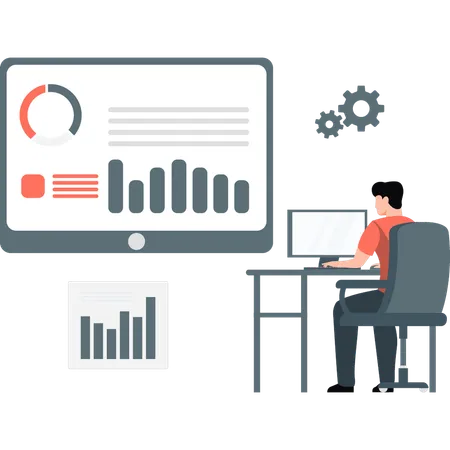 Jovem exibe infográfico em laptop  Ilustração