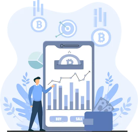 Jovem explicando o gráfico do mercado on-line  Ilustração