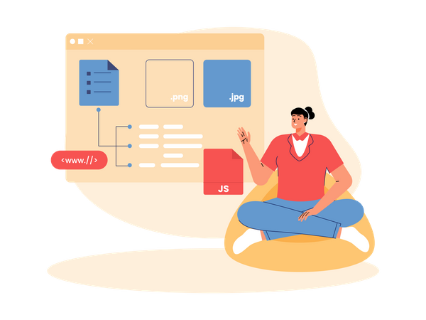 Jovem explicando sobre programação de sites  Ilustração