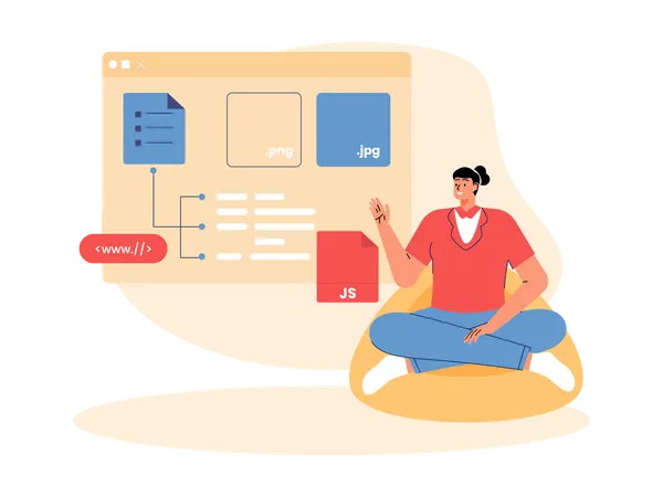 Jovem explicando sobre programação de sites  Ilustração
