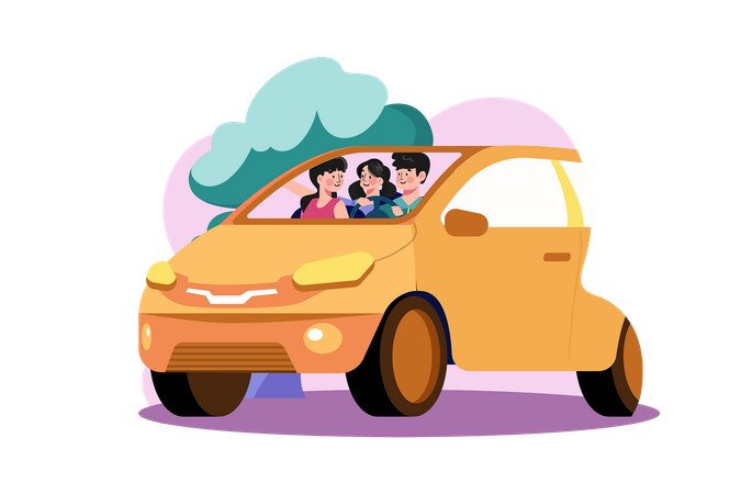 Família jovem sentada em um carro com  Ilustração